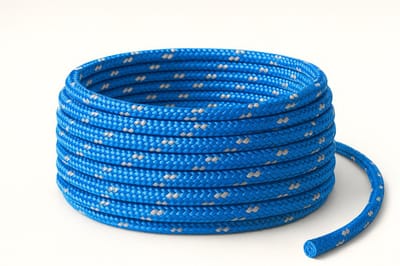 Sterk gevlochten touw 20 meter – 6 mm dik – duurzaam nylon/polyester – blauw met witte details – ideaal voor hobby, camping en lichte toepassingen