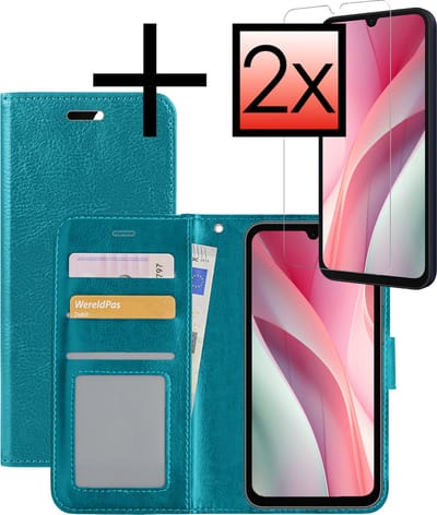 Hoesje - Met 2x Screenprotector - Geschikt voor Samsung Galaxy A15 - Luxe Pasjeshouder - Bookcase Portemonee - Flip Case - Kunstleer Book Case - Flipcase Hoes - Book Cover - Walletcase - Portemonneehoes - Turquoise