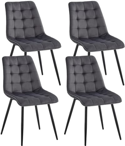 Set van 4 Moderne Eetkamerstoelen – Grijs - Fluwelen Gewatteerde Stoelen met Ijzeren Poten – Nordic Stoelen voor Keuken en Woonkamer – Zwart Metalen Frame – Minimalistische Eetkamerstoel