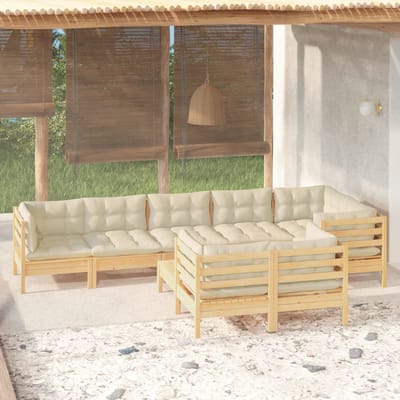 vidaXL - 9-delige - Loungeset - met - crèmekleurige - kussens - massief - grenenhout