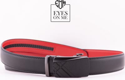 Zwart + rood lederen riem zonder gaatjes met automatische gesp voor heren ( model L048 )