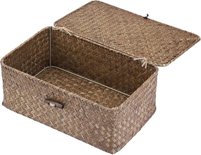 Opbergmand van rieten vlechtwerk met deksel, mand voor plank, opbergdoos, tafelorganizer (koffie, 26 x 16 x 10 cm)