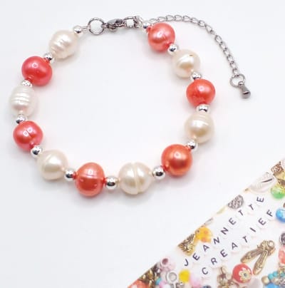 Jeannette-Creatief® - Zoetwaterparel - Coral White & Silver - Dames Armband - Armband Zoetwaterparels - Zoetwaterparels - Parelarmband - Armband met Parels - Gekleurde Parels - Ibiza Chic - Valentijn - Moederdag