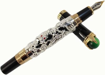 Luxe Zilveren Chinese Ming Dynastie Pen met Draak en Jade Bal, Medium Nib voor Elegant Schrijven