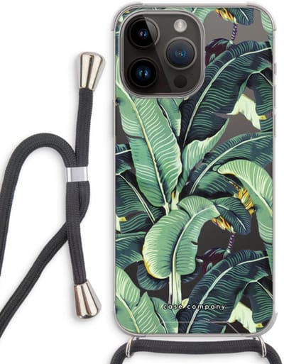 Case Company® - Hoesje met koord geschikt voor iPhone 14 Pro Max hoesje met Koord - Bananenbladeren - Telefoonhoesje met Zwart Koord - Bescherming aan alle Kanten en Over de Schermrand