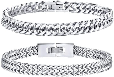 Schakelarmband voor heren, roestvrij staal/zilver/zwart/goud, met stevige dubbele Franco schakelarmband, voor vader/broer/vriend, breedte 8 mm, lengte 18,8-20,8 cm, 2 stuks