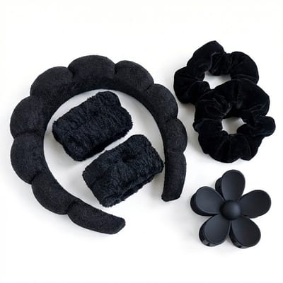 Zwarte haaraccessoire set dames – 6-delig set met haarband, scrunchies, washandbanden en bloem haarclip – zachte fleece haarset voor gezichtsverzorging en dagelijks gebruik