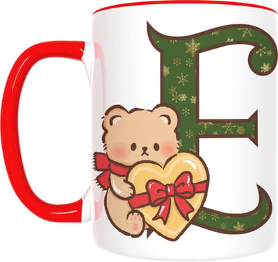 Kerst Mok met Letter E & Beer – Feestelijk Cadeau met Hartje – Inclusief Cadeauverpakking – 350ml