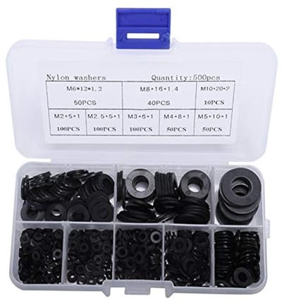 Daity 500 stuks universele kunststof ringen - nylon ringen - isolerende ringen - platte ringen - geschikt voor bouten en moeren M2 M2.5 M3 M4 M5 M6 M8 M10 (zwart)
