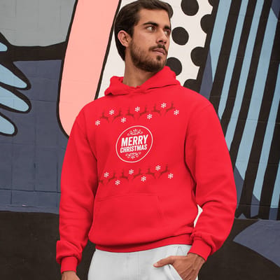 Kerst Hoodie Rendieren - Merry Christmas Round - Kleur Rood - ( MAAT XS - UNISEKS FIT ) - Kerstkleding voor Dames & Heren
