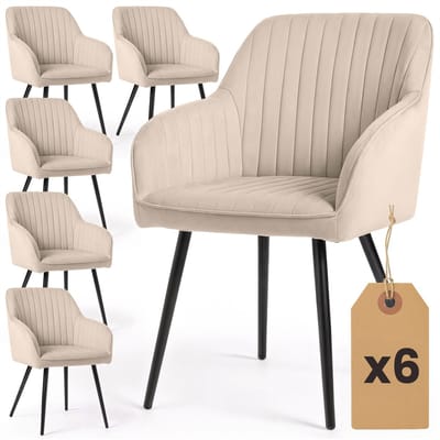 Set van 6 Eetkamerstoelen FLORENCE met Armleuningen / Gestoffeerde Stoelen / Fluwelen Stoelen en Metalen Poten / Beige met zwarte benen