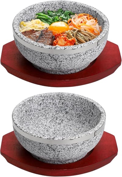 Koreaanse stenen kommen voor soep, met houten trays, ideaal voor bibimbap en andere gerechten, set van 2 stuks