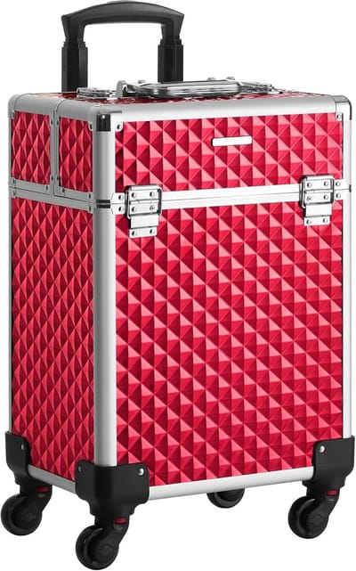 Professionele cosmeticakoffer, mobiel, 4 wielen, 4 tablets, telescopische handgreep, reizen, verschuiven, rood, HMTM-BC-30018-RED