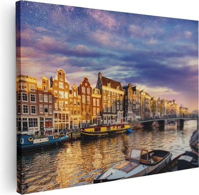Artaza Canvas Schilderij Amsterdamse Grachten - 40x30 cm - Klein - Wanddecoratie Sterrenhemel - Muurdecoratie Boten - Kamer Accessoires