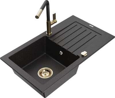 Mexen Pablo granieten spoelbak 1-kompartiment met afdruiprek en keukenkraan Flora, zwart/zilver metallic - 6510-73-670401-57-G