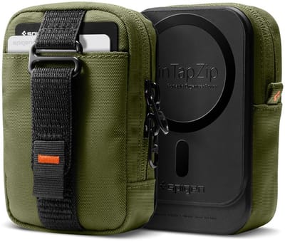Spigen Organizer Etui voor MagSafe | TintapZip MagFit Accessoire Pouch | Compact Opbergtasje voor Pasjes, AirPods & Kleine Essentials | RFID‑Bescherming | Verstelbare Bevestiging | Nylon | Olive Green