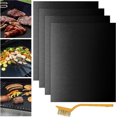 Set van 4 Grillmatten 40 x 32 cm met Borstel, Hittebestendig, Antiaanbaklaag, Herbruikbaar voor Gas-, Houtskool- en Elektrische Grill, Tuinaccessoires en Koken buiten