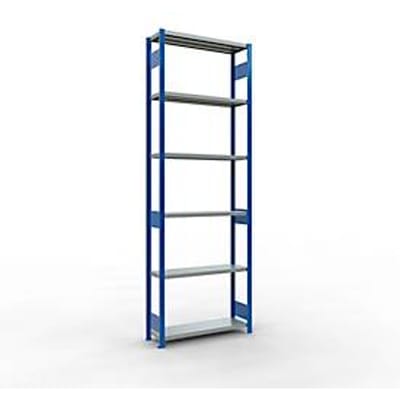 Schulte Lagertechnik MULTIplus250 rekken zonder schroeven, basisrek, 7 legborden, B 1000 x D 300 x H 3000 mm, 250 kg, RAL 5010 gentiaanblauw/verzinkt