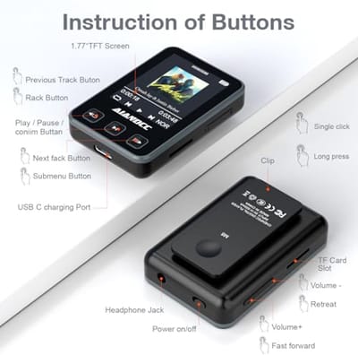 32GB MP3 Speler met Bluetooth, 2.7 Inch Scherm - Voor Hardlopen en Fitness, Inclusief Bedrade Koptelefoon