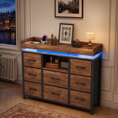 Ladekast met 8 stoffen laden, LED, oplaadstation en houtlook, industriële opbergkast 108 cm voor slaapkamer