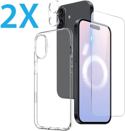Back cover Silicone hoesje transparant met Screenprotector Glas 2x en Camera lens protector 2x Geschikt voor: iPhone 16 Plus