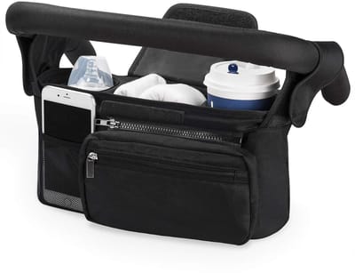 Nieuwe en verbeterde opbergtas voor kinderwagens - Geschikt voor 2 bekerhouders voor baby's - Kan worden gebruikt als handbagage - Universeel geschikt voor alle kinderwagens - Zwart