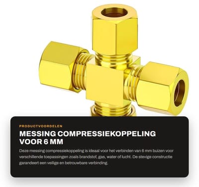 Dailygoods- Compressiekoppeling 6 mm - Messing - 4-weg Pijpkoppeling - Verbindingsstuk - Brandstof/Gas/Water/Lucht - Hoge Drukbestendigheid