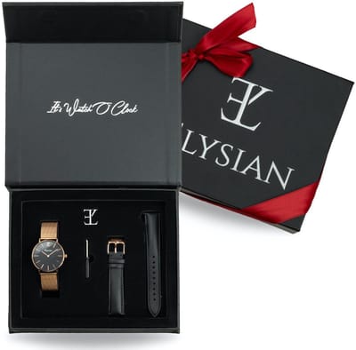 Elysian - Horloge Geschenkset Vrouwen - Rosé Gouden mesh horloge geschenkdoos met leren horlogebandje - Roestvrij Staal - Cadeau Voor Vrouw
