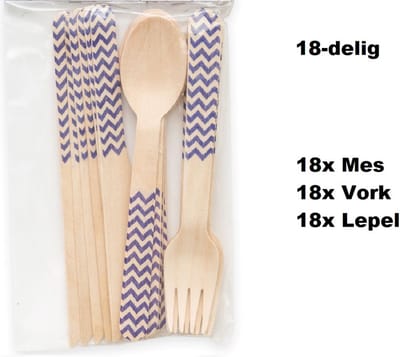 3x Bestekset wave hout 18-delig blauw (54 stuks) - Feest festival thema party food diner
