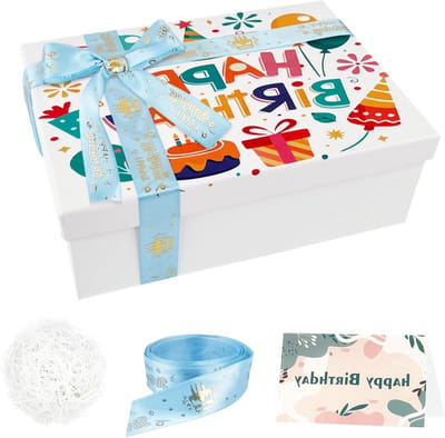 Cadeaubox met Deksel voor Kinderen, Gelukkige Verjaardag met Strik - 25 x 18 x 8.5 cm - Inclusief Wenskaart en Ingevuld Papier voor Verjaardagsgeschenken