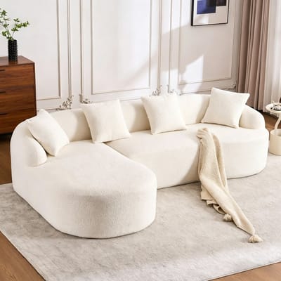 L-Bank, 3-Zitsbank, Moderne Hoekbank, Modulaire Gebogen Bank – Chaise Longue Links + 2-zitsbank, L-vormig, Chenille Bekleding, Geen Montage Nodig, Comfortabel en Stijlvol voor Woonkamer, Appartement en Kantoor-Beige