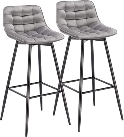 Barkruk Merdi Industrial - Lichtgrijs - Barkrukken set van 2 - Barstoel Kruk - Barstoelen met rugleuning - Keukenstoel - Velvet