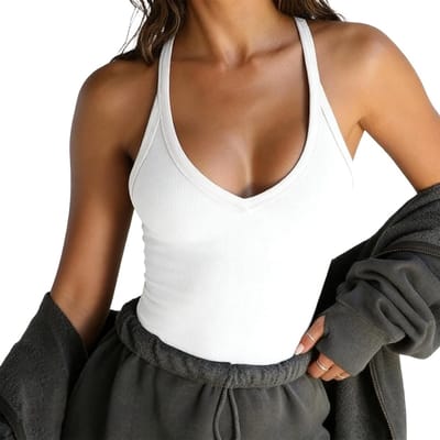 Zomer tanktop voor dames met V-hals, mouwloos ontwerp, spaghettibandjes en geribbeld materiaal, perfect voor casual outfits en warme dagen