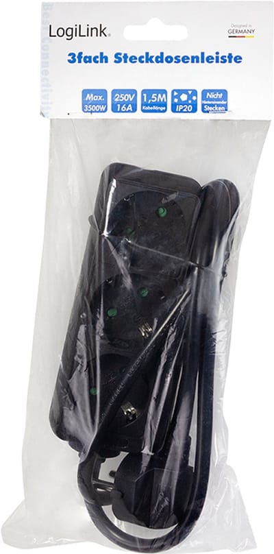 LOGILINK Professional Stopcontact 3-weg, 3x CEE 7/3, 1,5 m, zwart