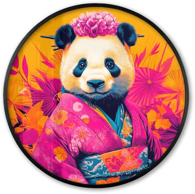 Poster in lijst Rond - Fotolijst 60x60 cm - Posters - Kimono - Roze - Panda - Bloemenkroon - Ronde posterlijst zwart - Decoratie - Wanddecoratie woonkamer - Muurdecoratie slaapkamer