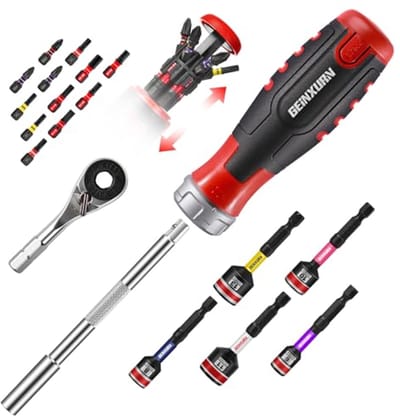 19-delige ratelschroevendraaier set met ergonomische handgreep en 12 bits
