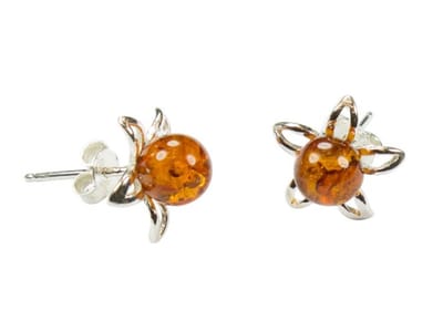 Zilveren knop oorbellen Barnsteen / Amber 925 zilver