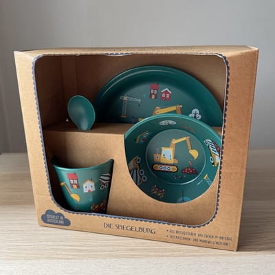 Graafmachine / bouwplaats kinder servies set (bord, kom, beker en lepel) - Die Spiegelburg