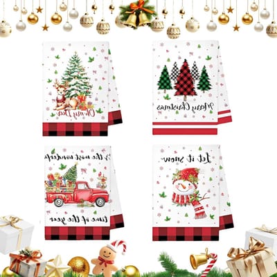 Set van 4 Kersttheedoeken 40 x 60 cm - Absorberende en Zachte Microvezel Keukenhanddoeken met Rendier en Sneeuwman Ontwerp voor Kerstdecoratie en Keukengebruik