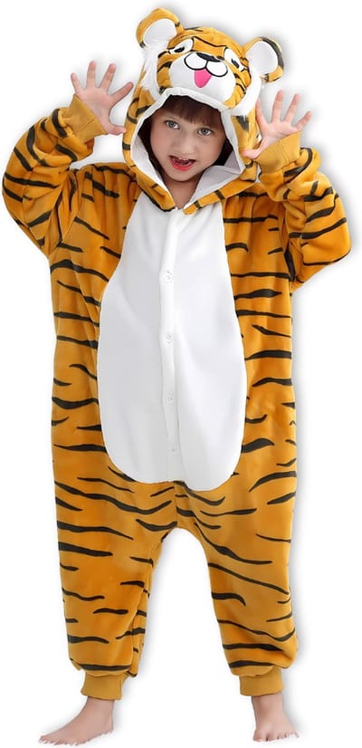 BoefieBoef Dieren Onesie Verkleedkleding Kinderen 10-14 jaar – Comfortabele Kostuum Pyjama – Maat 140 tot 160 – Dierenpak voor Jongens en Meisjes – Feest, Carnaval Verkleedkleding - Kerst, Dierenpak - of Verjaardag Cadeau - Tijger Oranje