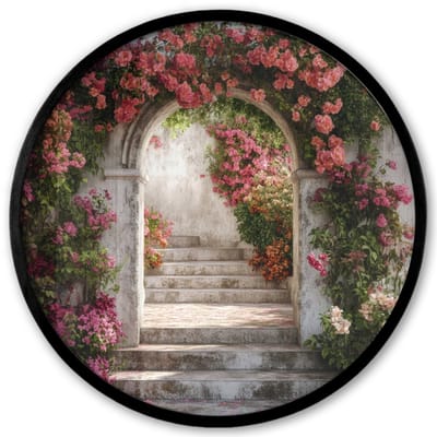Poster in lijst Rond - Fotolijst 40x40 cm - Posters - Doorkijk - Rozen - Vintage - Poort - Ronde posterlijst zwart - Decoratie - Wanddecoratie woonkamer - Muurdecoratie slaapkamer