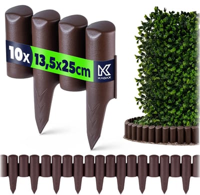 KADAX Tuinpalissade van kunststof, palissade voor bloemen, decoratieve gazonrand, bloemperkomranding met grondspies, hout-type, bloembedomranding (bruin, 2,5 m)