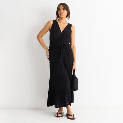 Zwarte viscose wikkel getailleerde maxi jurk