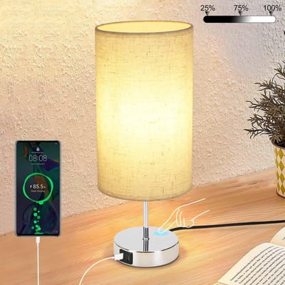 Glitzerlife - Tafellamp Nachtlampje Tafellampen - Touch dimbaar - E27 fitting - USB oplaadfunctie - Stoffen lampenkap modern warm licht - Ø24 cm - Beige