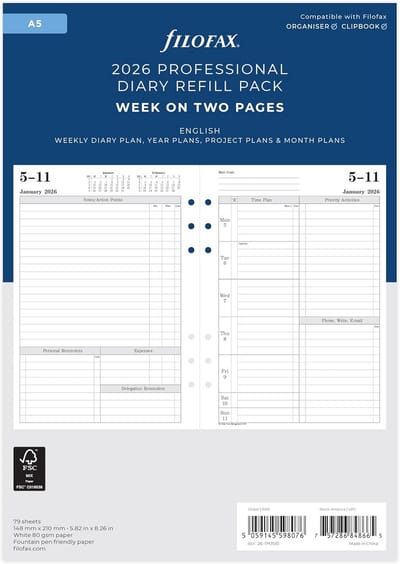 A5 Agenda Refill 2026 Week-op-Twee-Pagina's Engelstalig Planner Inlegvel