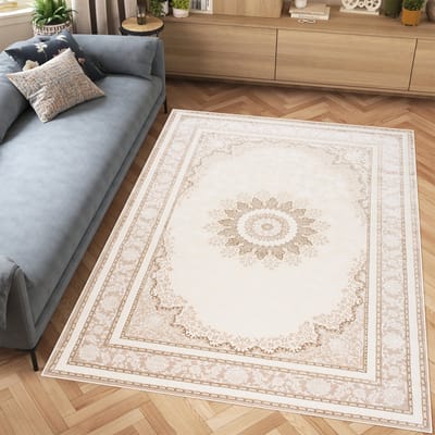Tapiso Hera Vloerkleed Beige Licht Woonkamer Oosters Frame Tapijt Maat- 120x170