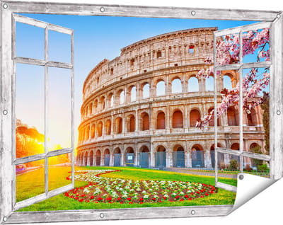Gards Tuinposter Doorkijk Colosseum bij Zonsopgang in Rome, Italië - 120x80 cm - Tuindoek - Tuindecoratie - Wanddecoratie buiten - Tuinschilderij