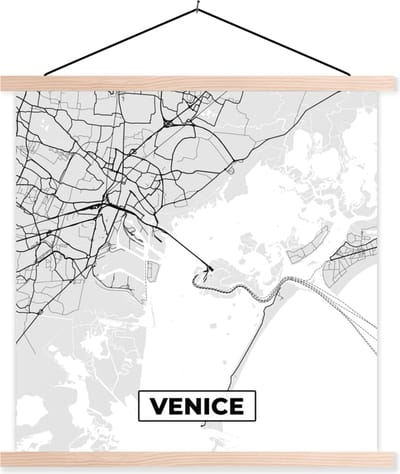 Posterhanger incl. Poster 40x40 cm - Schoolplaat - Venetië - Stadskaart - Plattegrond - Zwart Wit - Kaart - Textielposter - Blanke latten - Stadskaart
