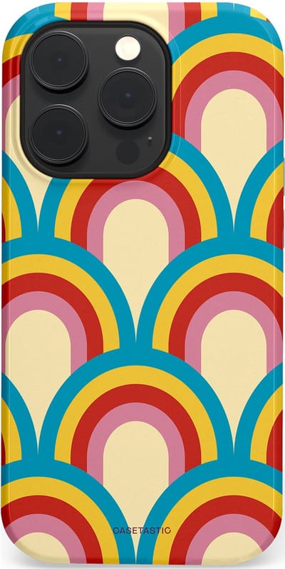 Casetastic hoesje geschikt voor Apple iPhone 14 Pro - MagSafe - Dubbellaagse bescherming - Retro regenboog - Fashion Case - Lichtblauw Crème Goud Rood