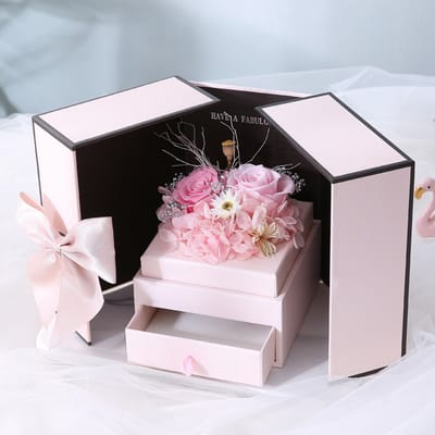 KZQ Creatieve rozen geschenkdoos - Geschenkdoos met geconserveerde bloemen - Rozen zeepdoos - Roze - Verjaardag - Moederdag - Valentijnsdag - Cadeau voor vriendin/vrouw - Geschikt voor ketting, armband en oorbellen